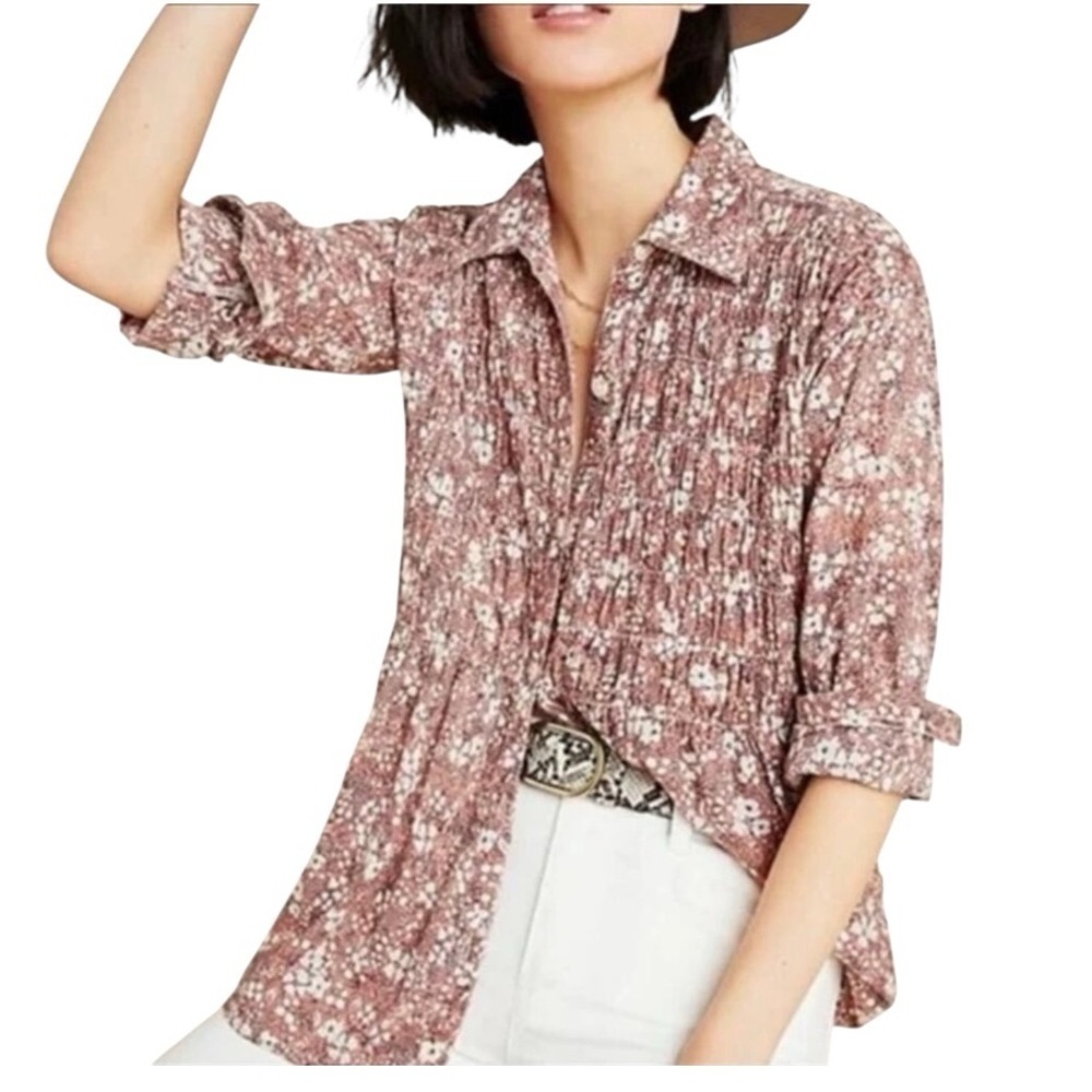 🌺PILCRO BY ANTHROPOLGIE SASHA SMOCKED FLORAL BUTTON DOWN BLOUSE